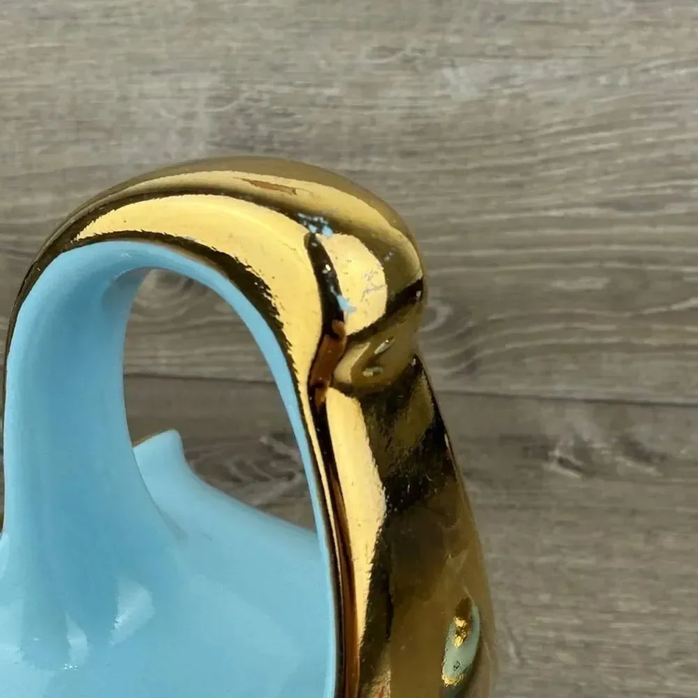Pearl China Co Robins Egg Blue 22 kt Gold Trim Vtg Swirl Aladdin Decor Teapot